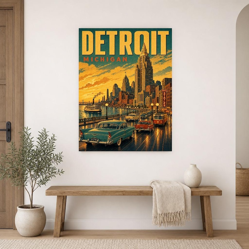 Detroit Travel Poster | Vintage 1950s Motor City Print | Michigan Wall Art Print | Mid Century City Decor image 9