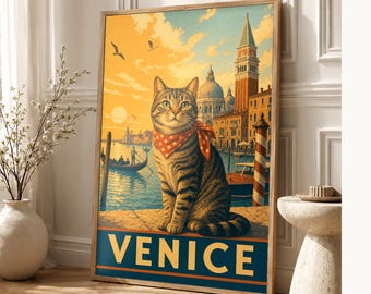 Your Dog in Venice | Custom Pet Portrait From Photo | Personalized Dog Cat Travel Poster Gift | Vintage Wall Art