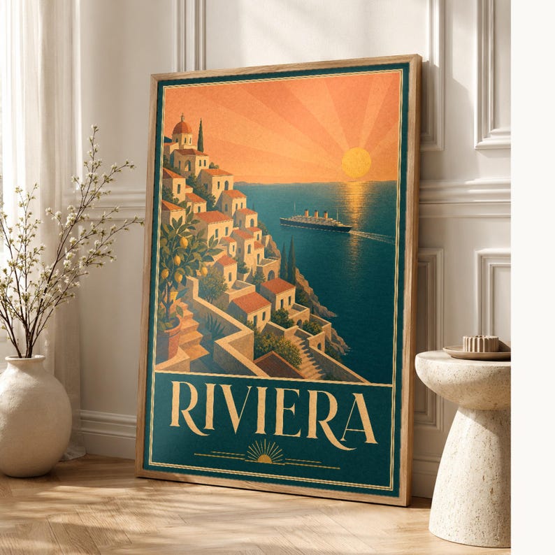Teal Art Deco Travel Wall Art | Amalfi Riviera Poster | Coastal Gallery Print image 1