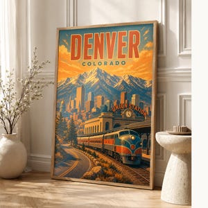 Denver Travel Poster | Vintage Rocky Mountains Print | Colorado Wall Art Print | Mid Century City Decor image 1
