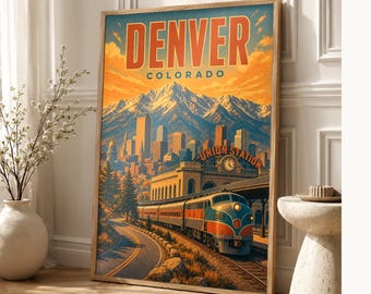 Denver Travel Poster | Vintage Rocky Mountains Print | Colorado Wall Art Print | Mid Century City Decor
