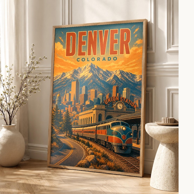 Denver Travel Poster | Vintage Rocky Mountains Print | Colorado Wall Art Print | Mid Century City Decor image 1