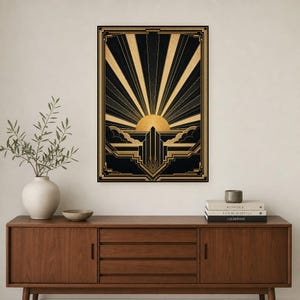 Impresión artística de pared Art Déco Sunburst | Póster geométrico negro dorado | Decoración de pared estilo Neo Deco Gatsby | Elegante esta imagen 2
