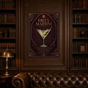 Olive Green Art Deco Dirty Martini Recipe Wall Art Print | Gold Cocktail Recipe Poster | Bar Cart Decor Print | Kitchen Wall Art image 5