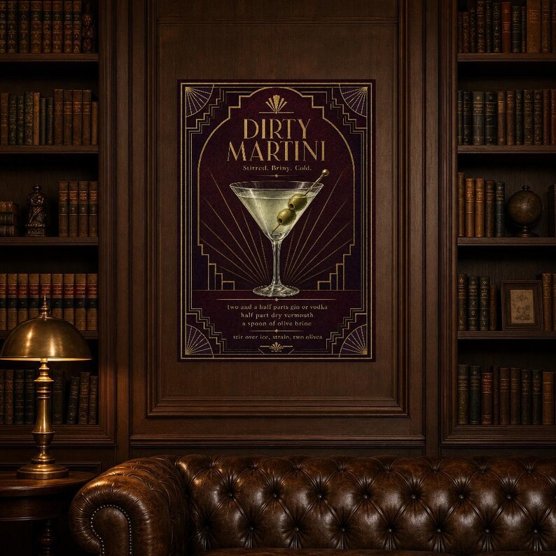 Olive Green Art Deco Dirty Martini Recipe Wall Art Print | Gold Cocktail Recipe Poster | Bar Cart Decor Print | Kitchen Wall Art image 5