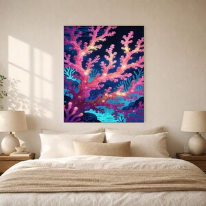 Bioluminescent Coral Reef Poster | Deep Sea Ocean Bathroom Wall Art Print | Dark Coastal Night Print image 6