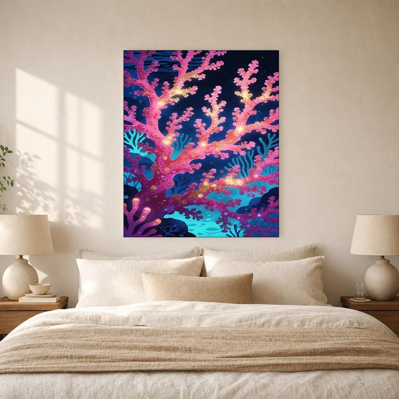Bioluminescent Coral Reef Poster | Deep Sea Ocean Bathroom Wall Art Print | Dark Coastal Night Print image 6