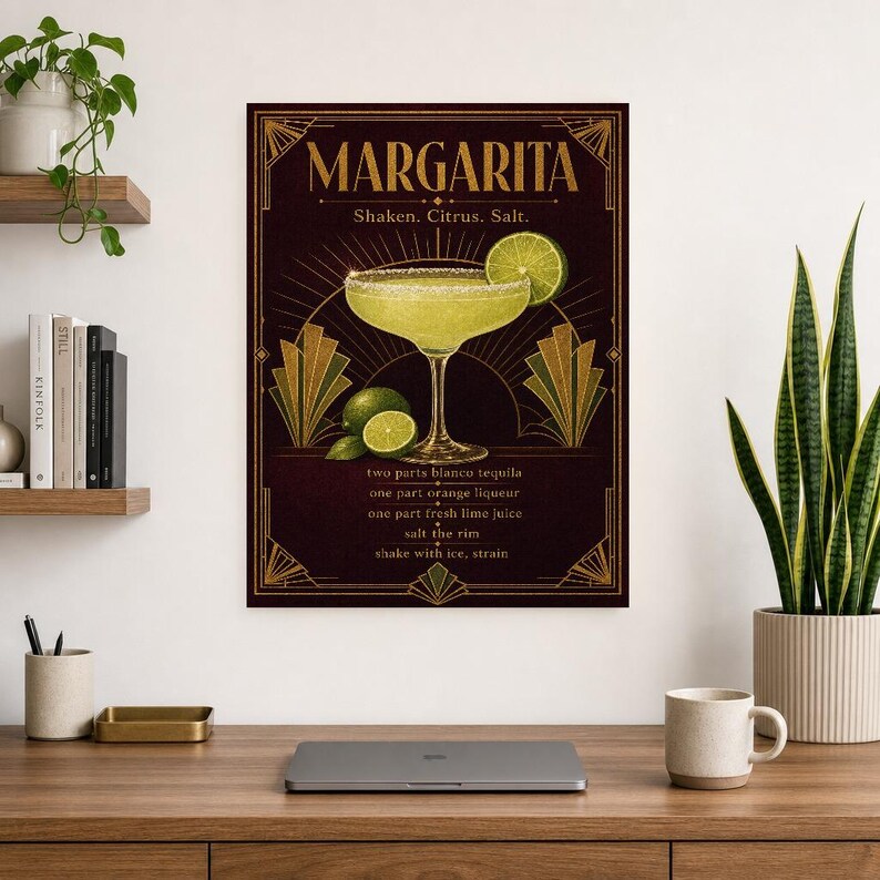 Arte de pared con receta de Margarita Art Déco dorado | Póster de receta de cóctel de lima | Impresión de decoración de carrito de bar | Art imagen 8