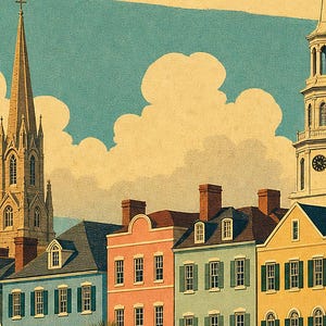 Póster turístico de Charleston | Lámina vintage de Rainbow Row de los años 50 | Arte mural retro de Carolina del Sur | Decoración de mediados de siglo imagen 3