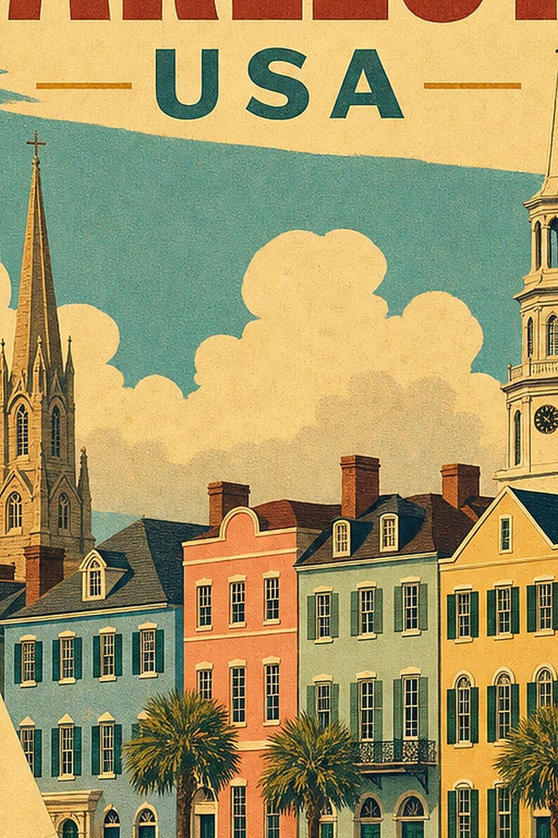 Póster turístico de Charleston | Lámina vintage de Rainbow Row de los años 50 | Arte mural retro de Carolina del Sur | Decoración de mediados de siglo imagen 3