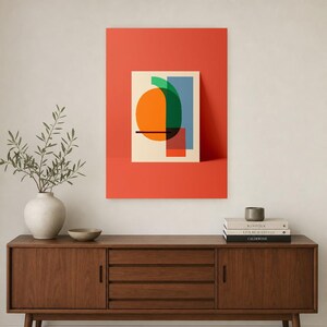 Abstracte muurdecoratie met kaki en wasabi | Opvallende poster met kleurblokken | Moderne geometrische print in mid-century stijl afbeelding 2