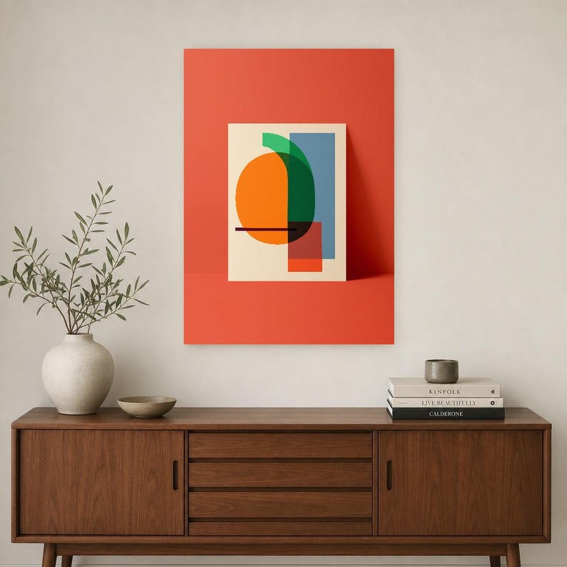 Abstracte muurdecoratie met kaki en wasabi | Opvallende poster met kleurblokken | Moderne geometrische print in mid-century stijl afbeelding 2