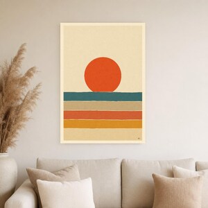 Vermillion Sun Aegean Sea Wall Art Print | Mid-Century Sun Poster | Cut-Paper Minimalist Print | Teal Cream Boho Decor image 4