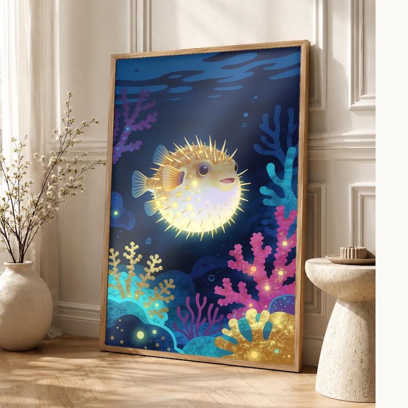 Bioluminescent Pufferfish Poster | Deep Sea Ocean Bathroom Wall Art Print | Dark Coastal Night Print image 1