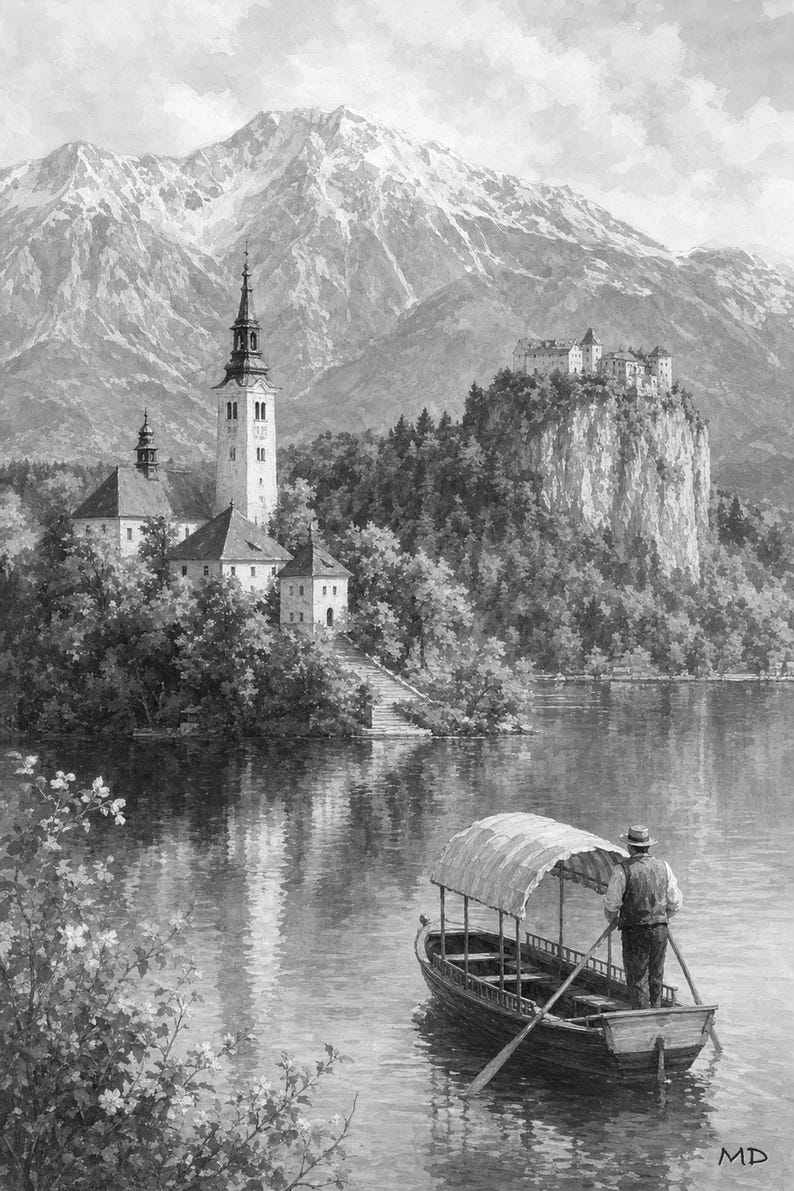 Lake Bled Travel Poster | Soft Painting Slovenia Wall Art | Alpine Island Church Print | Printed & Shipped image 10