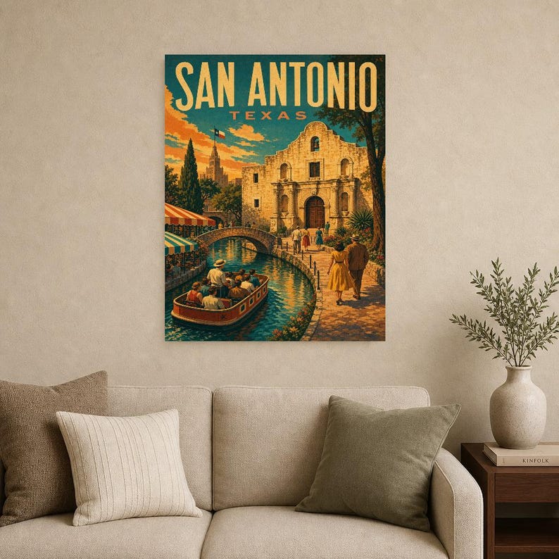 San Antonio Travel Poster | Vintage River Walk Print | Texas Wall Art Print | Mid Century City Decor image 8