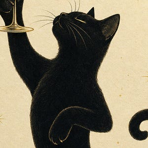 Arte de pared de champán de gato negro | Póster Coupé dorado | Impresión del carrito de la barra | Decoración de celebración del Chic Noir C imagen 3