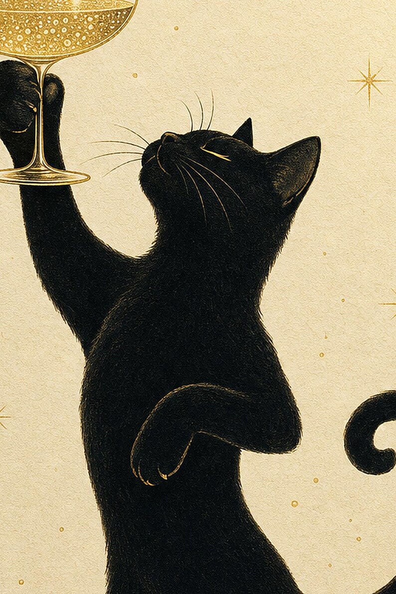 Arte de pared de champán de gato negro | Póster Coupé dorado | Impresión del carrito de la barra | Decoración de celebración del Chic Noir C imagen 3