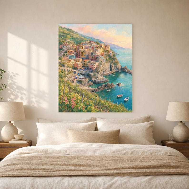 Reisposter Cinque Terre | Zachte schildering Italië Muurdecoratie | Kustprint van Manarola | Gedrukt en verzonden afbeelding 6