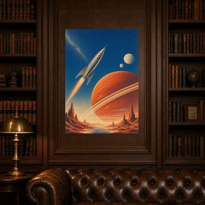 Retro Space Travel Poster | Vintage Sci-Fi Wall Art Print | Crimson Planet Rocket Art | 70s Cosmic Travel Wall Decor image 5