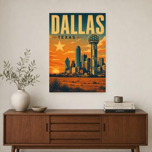 Dallas Travel Poster | Vintage Reunion Tower Skyline Print | Texas Wall Art Print | Mid Century City Decor image 2