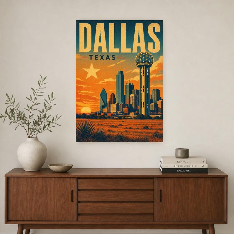 Dallas Travel Poster | Vintage Reunion Tower Skyline Print | Texas Wall Art Print | Mid Century City Decor image 2