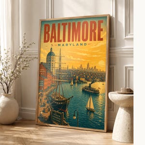Póster turístico de Baltimore | Lámina vintage del Inner Harbor de los años 50 | Lámina decorativa de Maryland | Decoración urbana de mediados de siglo imagen 1