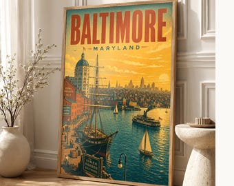 Baltimore Travel Poster | Vintage 1950s Inner Harbor Print | Maryland Wall Art Print | Mid Century City Decor