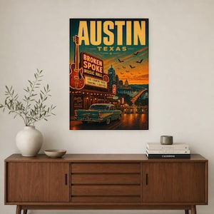Austin-Reiseposter | Vintage-Druck der Hauptstadt der Livemusik | Texas-Wandbild | Stadtdeko aus der Mitte des 20. Jahrhunderts Bild 2