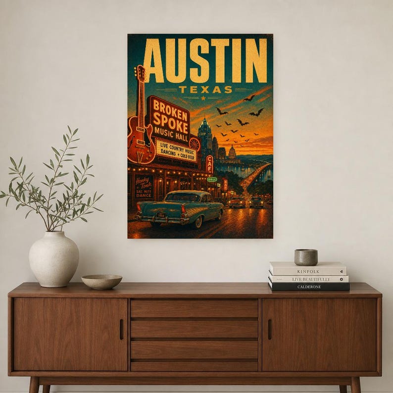 Austin-Reiseposter | Vintage-Druck der Hauptstadt der Livemusik | Texas-Wandbild | Stadtdeko aus der Mitte des 20. Jahrhunderts Bild 2