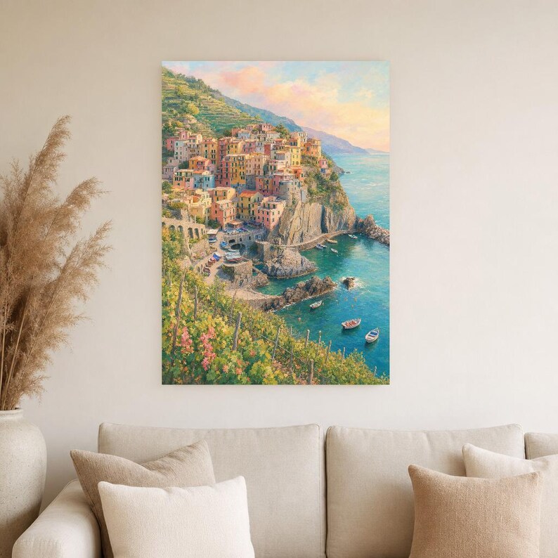 Reisposter Cinque Terre | Zachte schildering Italië Muurdecoratie | Kustprint van Manarola | Gedrukt en verzonden afbeelding 4