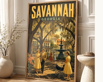 Savannah Travel Poster | Vintage 1950s Spanish Moss Print | Georgia Wall Art Print | Mid Century City Decor