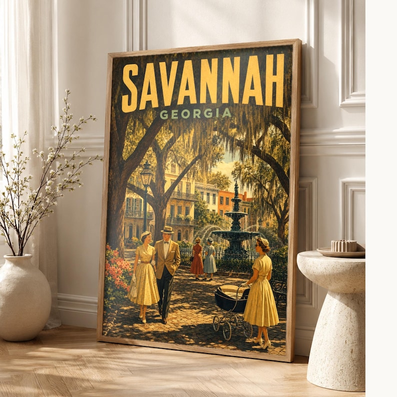 Savannah Travel Poster | Vintage 1950s Spanish Moss Print | Georgia Wall Art Print | Mid Century City Decor image 1