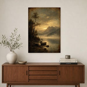 Moody Mountain Lake Rowboat Wall Art Print | Vintage Oil Painting Print | Misty Tonalist Landscape Decor | Ancient Dawn Poster image 2