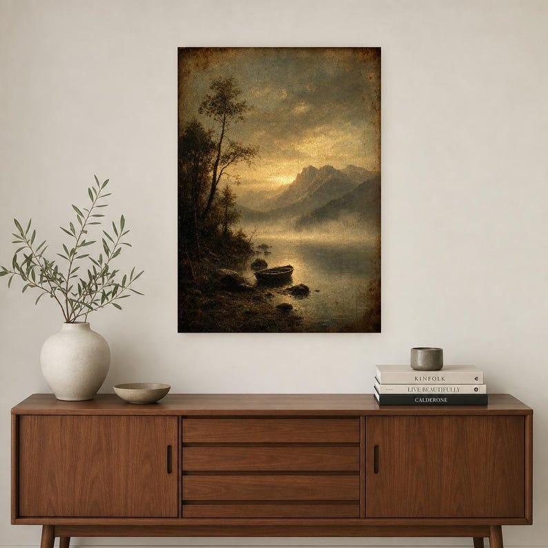 Moody Mountain Lake Rowboat Wall Art Print | Vintage Oil Painting Print | Misty Tonalist Landscape Decor | Ancient Dawn Poster image 2