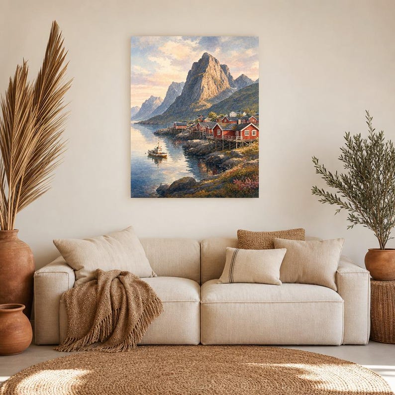 Lofoten Travel Poster | Soft Painting Norway Wall Art | Queen Fjord Fishing Village Print | Printed & Shipped image 7