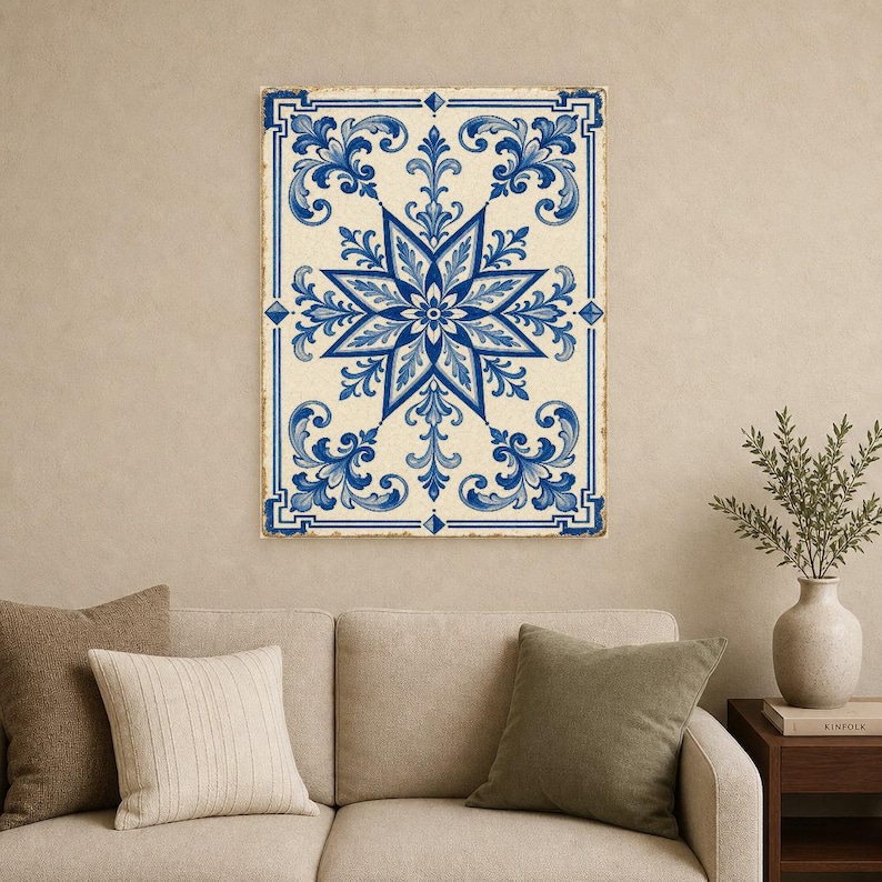 Azulejo Tile Wall Art | Classic Blue & White Maiolica Poster | Portuguese Ceramic Print | Mediterranean Kitchen Decor | No Text Boho Art image 9