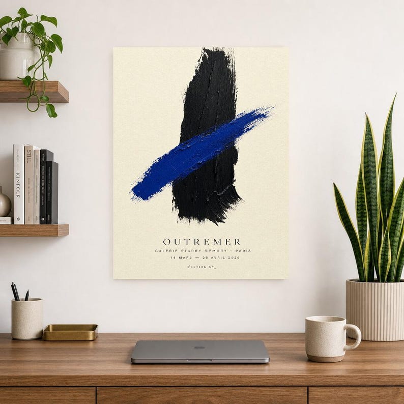 Zagranica | Abstrakcyjna sztuka ścienna | Nowoczesny plakat galeryjny | Minimalistyczny wydruk w kolorze niebieskim i czarnym | Wydruk i wysyłka zdjęcie 8