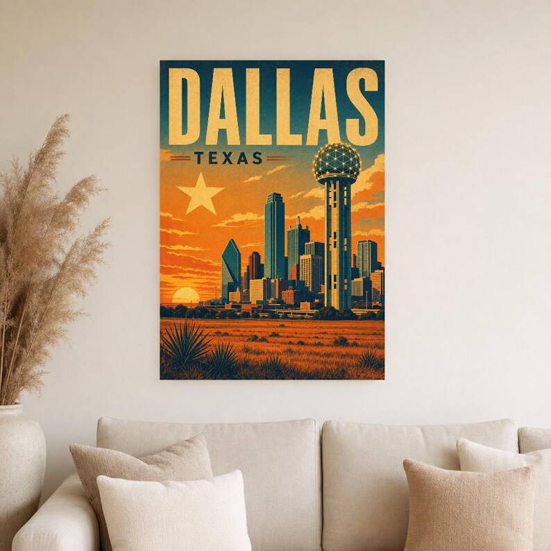 Dallas Travel Poster | Vintage Reunion Tower Skyline Print | Texas Wall Art Print | Mid Century City Decor image 3