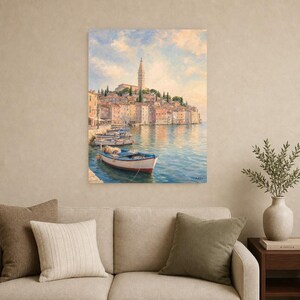Plakat podróżniczy Rovinj | Delikatne malowanie, Chorwacja, grafika ścienna | Wydruk z nadmorskim miastem Adriatyku | Wydruk i wysyłka zdjęcie 9