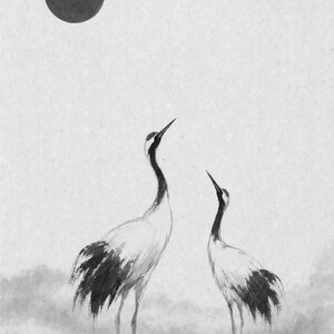 Red Sun Crane Japandi Wall Art Print | Ink Wash Pair in Mist | Wabi Sabi Hallway Poster Print image 10