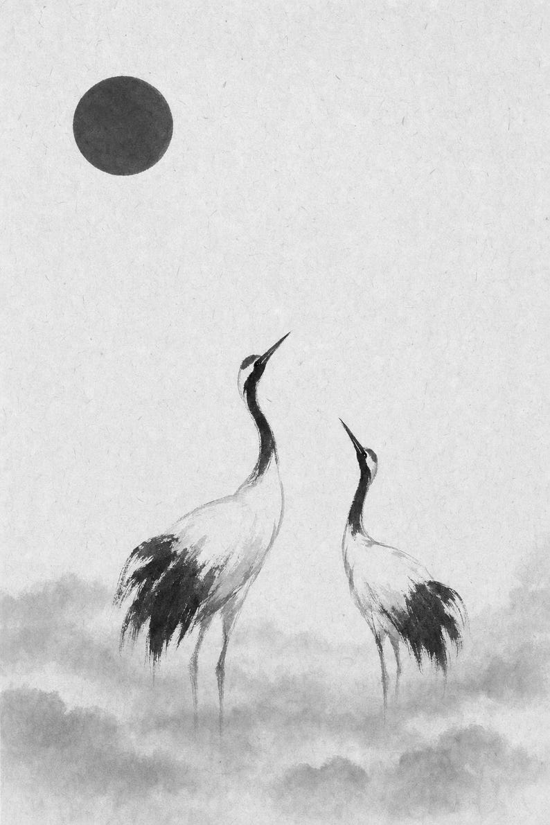 Red Sun Crane Japandi Wall Art Print | Ink Wash Pair in Mist | Wabi Sabi Hallway Poster Print image 10