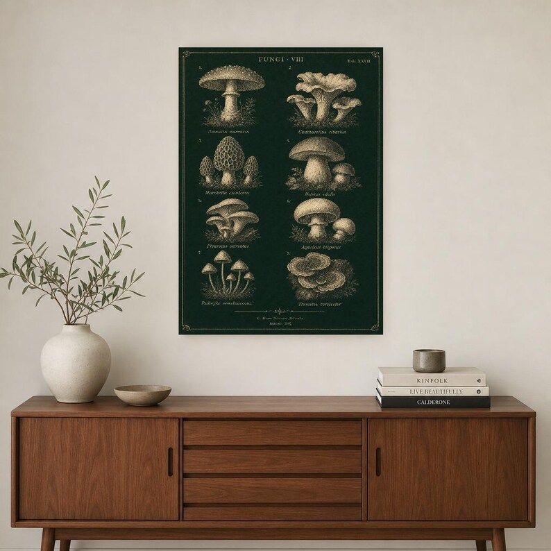 Mushroom Botanical Wall Art Print | Dark Academia Mycology Poster | Vintage Fungi Illustration | Forest Green Natural History Decor image 2