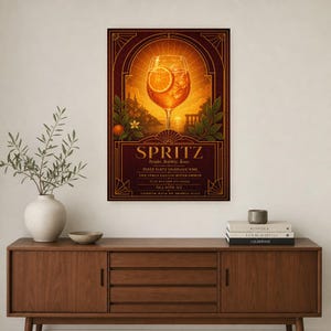 Pomarańczowy Art Deco Aperol Spritz Przepis na ścianę | Plakat z przepisem na złoty koktajl | Druk dekoracyjny wózka barowego | Aperitivo Ar zdjęcie 2
