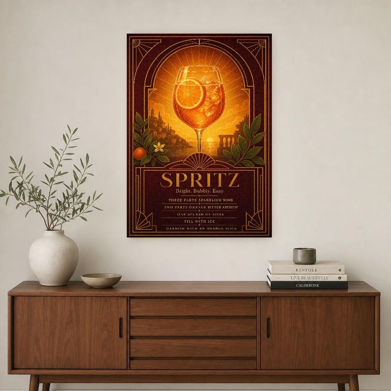 Pomarańczowy Art Deco Aperol Spritz Przepis na ścianę | Plakat z przepisem na złoty koktajl | Druk dekoracyjny wózka barowego | Aperitivo Ar zdjęcie 2
