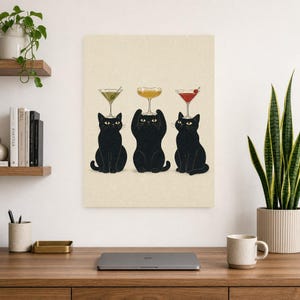 Black Cat Cocktail Wall Art Print | Martini Trio Poster | Bar Cart Print | Quirky Black Cat Club Lounge Decor image 8