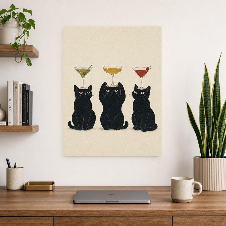 Black Cat Cocktail Wall Art Print | Martini Trio Poster | Bar Cart Print | Quirky Black Cat Club Lounge Decor image 8