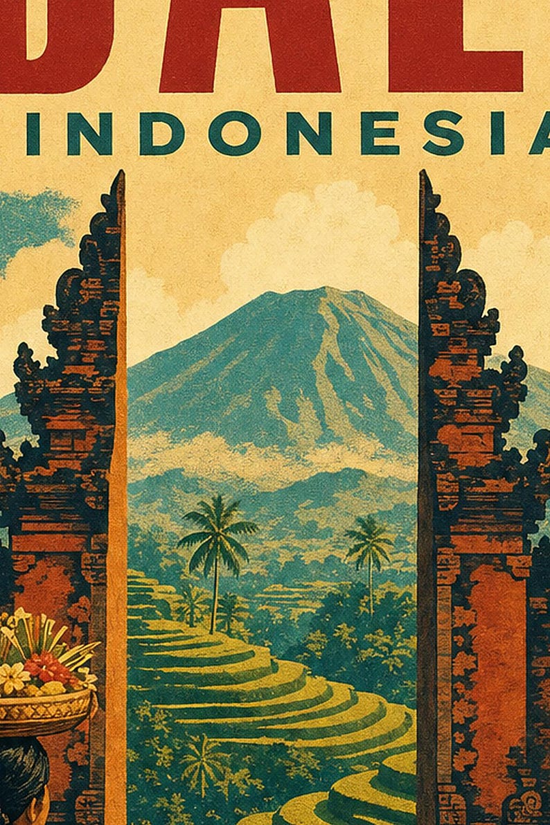Bali Travel Poster | Vintage Rice Terraces Print | Indonesia Wall Art | Printed & Shipped image 3