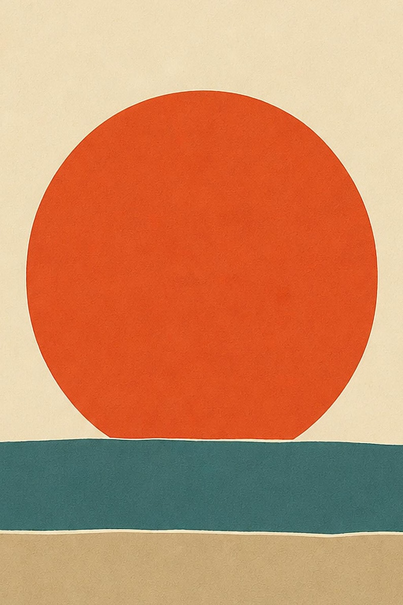 Vermillion Sun Aegean Sea Wall Art Print | Mid-Century Sun Poster | Cut-Paper Minimalist Print | Teal Cream Boho Decor image 3