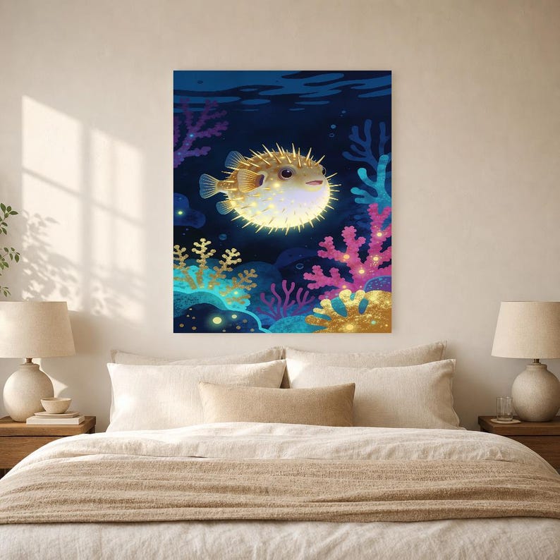 Bioluminescent Pufferfish Poster | Deep Sea Ocean Bathroom Wall Art Print | Dark Coastal Night Print image 6